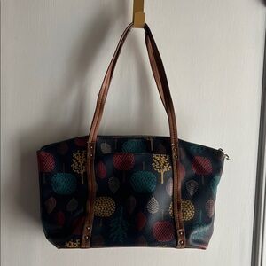 Women's Multicolor Tree-Print Tote Bag with Brown Straps Relic